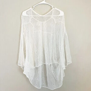 Womens White Cover Up Kimono Geometric Asymmetrical Hem Silky Swimsuit Coverup
